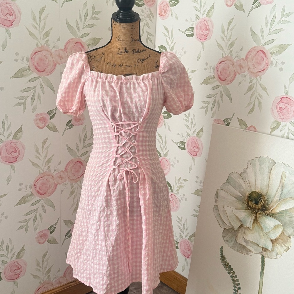 Pink Gingham Corset Mini Dress - Picture 1 of 7
